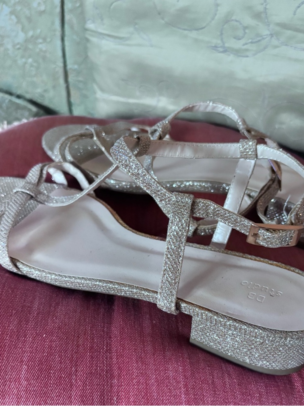 Glitter T-Strap Flat Sandals — Champagne/Golden